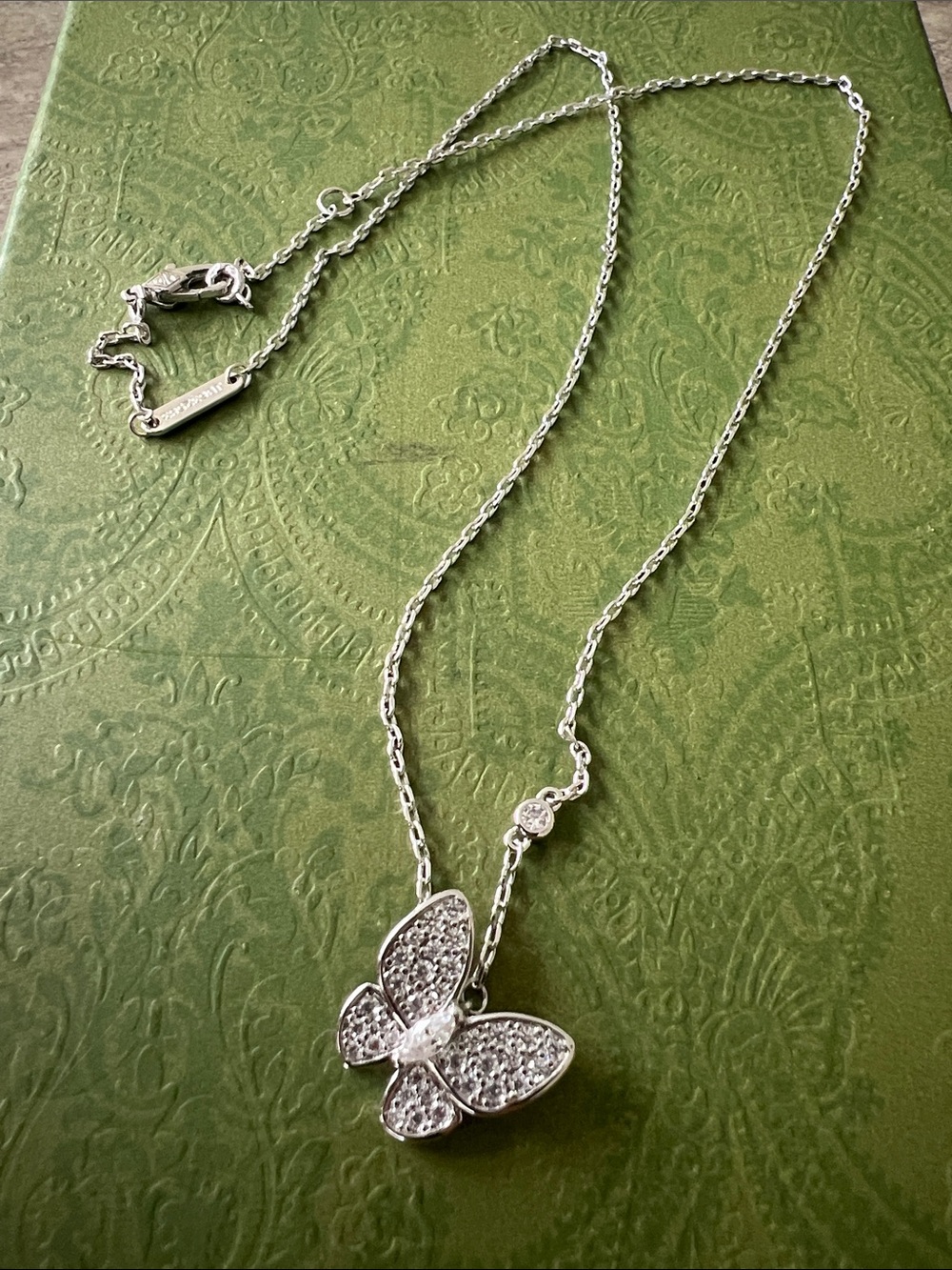 Copper plated Silver Butterfly Pendant Necklace Clear Crystals bling rhinestone